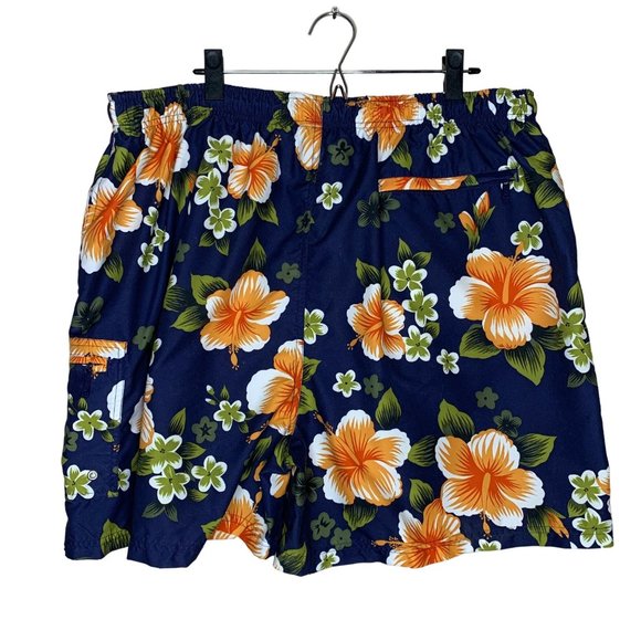 Sand N Sun Swim Trunks Hawaiian Floral Print Navy Blue Orange Lined Pockets 2XL - Picture 4 of 9